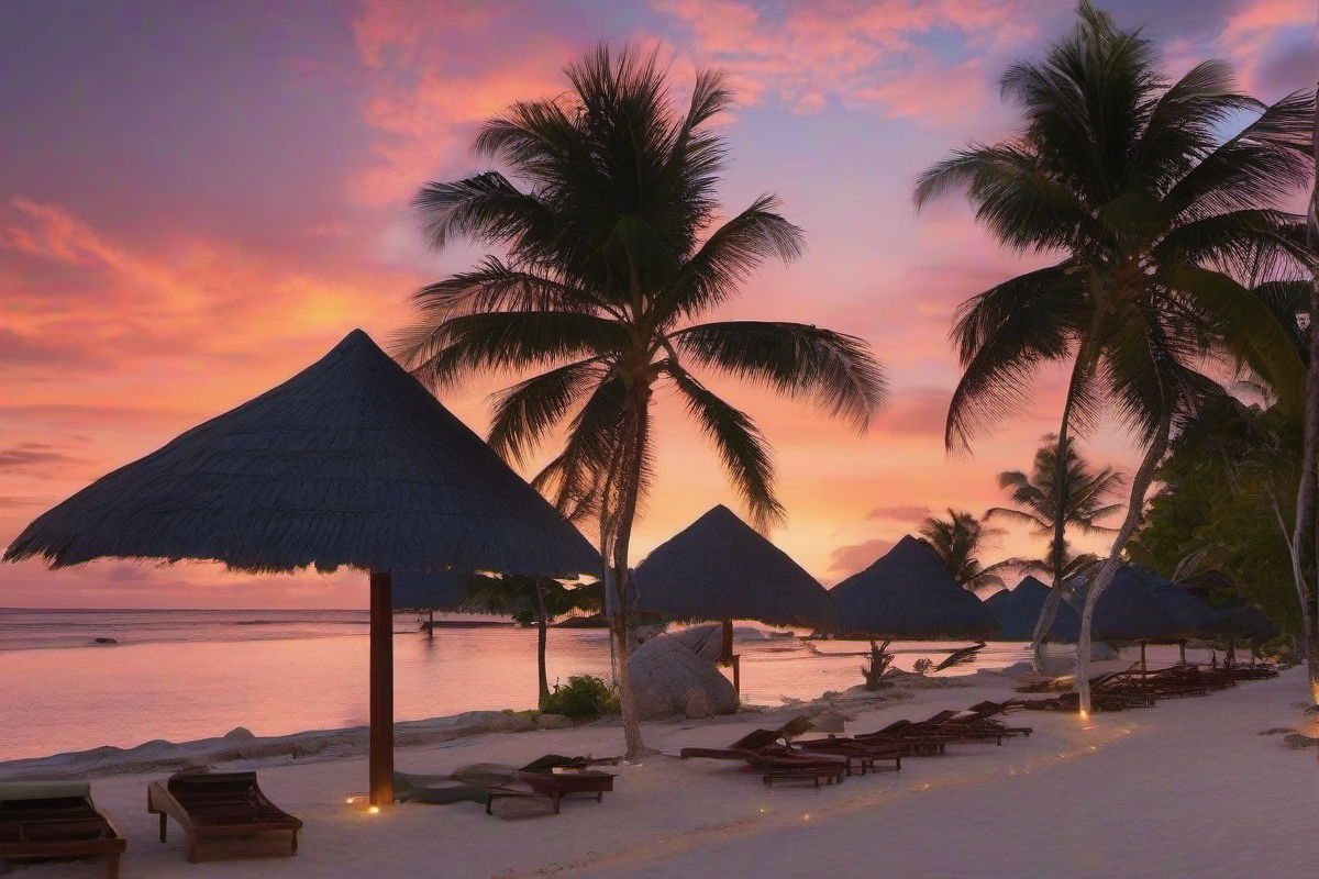 Beachfront resort accommodation on Nauru at sunset
